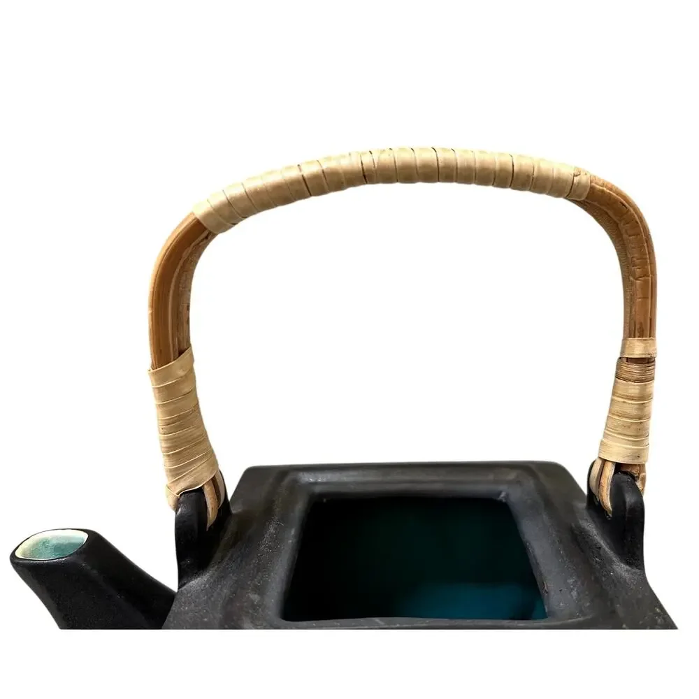 Japanese Tea Pot Ceramic Square Shape and 6 Cups Black Teal Modern